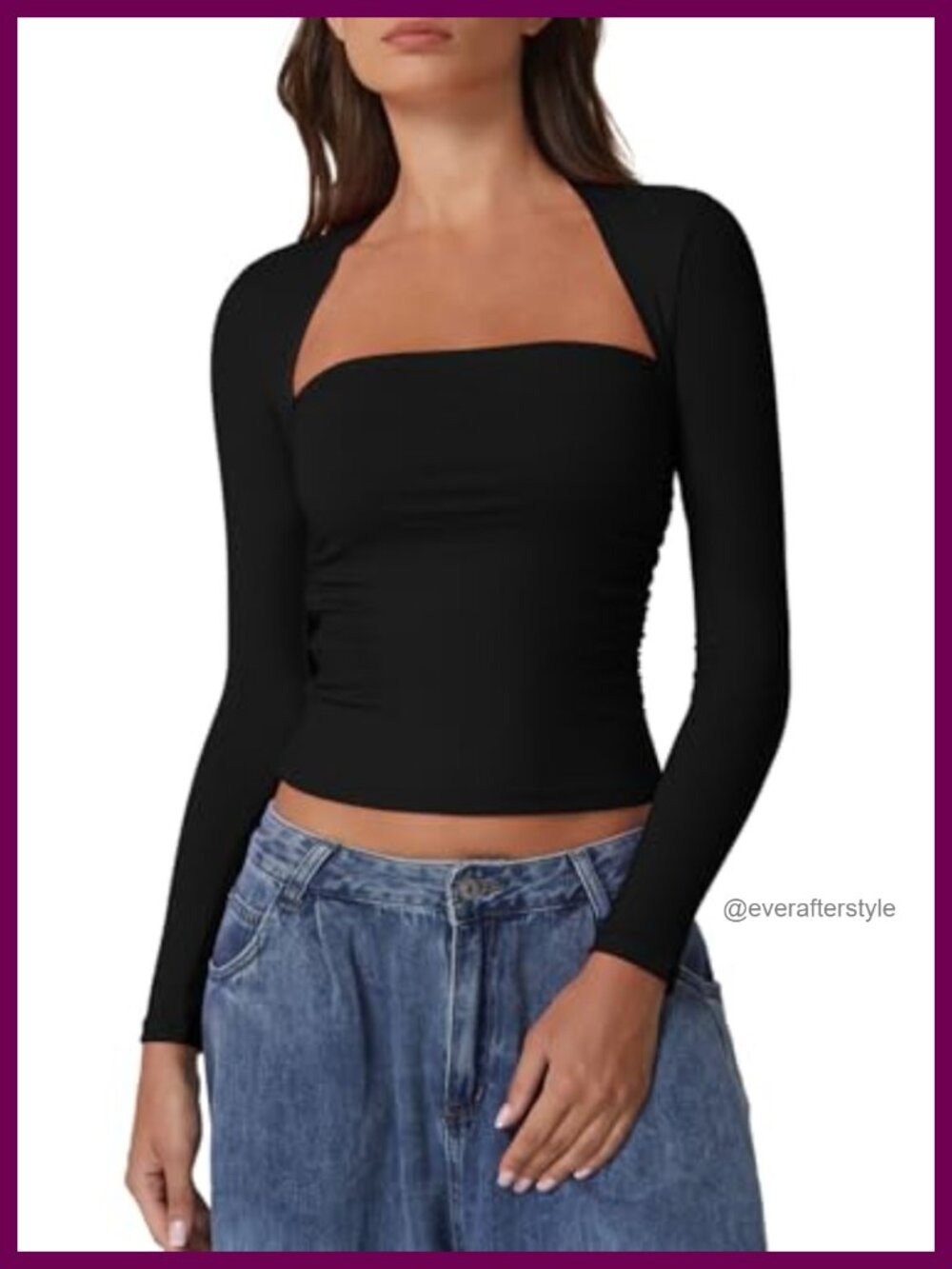 Long Sleeve Square Neck Crop Top Slim Fit Stretch Pullover Going Out Tee
